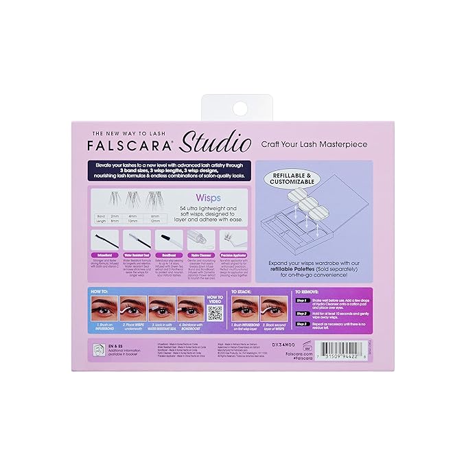 FALSCARA STUDIO Lash Extension Kit, 54 Stackable Lash Clusters, Light Volume, 8mm-12mm, ‘Delicate’, False Eyelashes, InfuseBond, Water-Resistant Seal, BondBoost, Hydro Cleanser, Applicator