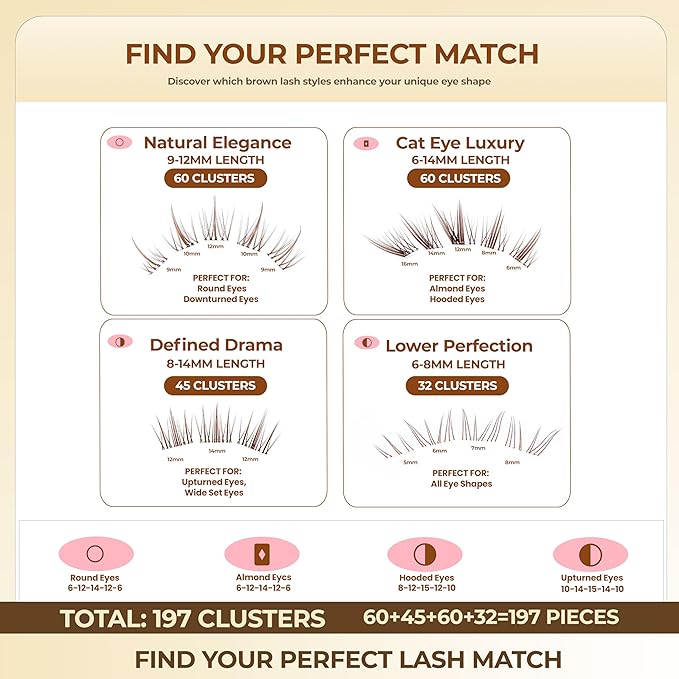Brown Lash Clusters Pre Glued 197PCS Light Hair Individual Eyelashes No Glue Needed 3 Upper Style +1 Lower Styles Natural False Lashes Kit Tweezers