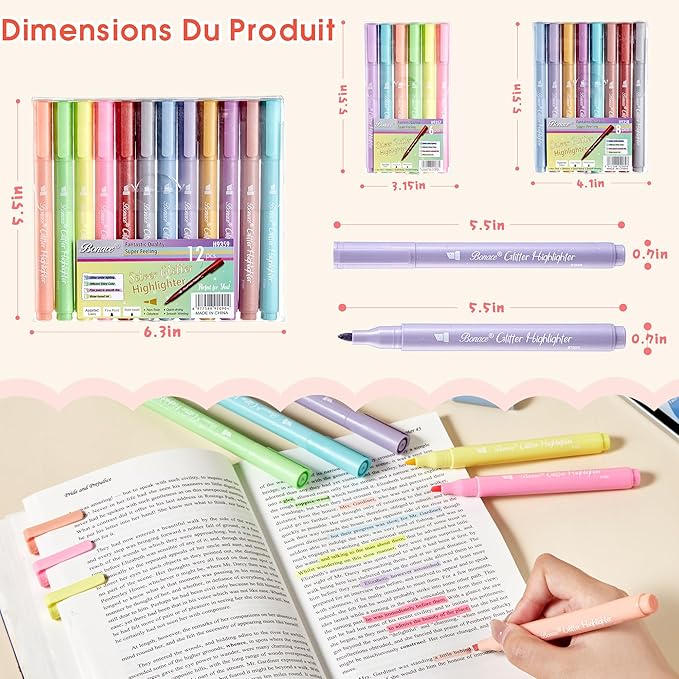 Silver Glitter Highlighters- Chisel Tip, No Bleed, Assorted Colors - 12 Pack Metallic Colors Cute Highlighter Markers, Pastel Bible Highlighters for Journaling and School Supplies for Girls