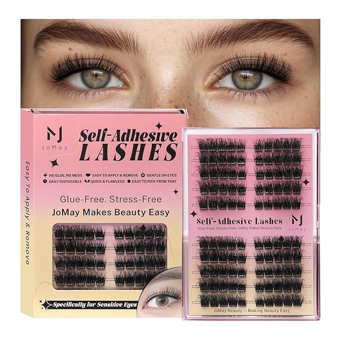 JoMay Self Adhesive Eyelashes, Press On No Glue Needed, Pre-Glued Clusters with Thin Band, Reusable D Curl Bold Lashes for Beginners, Pre-Separated L/R 10 Pairs - Glam Volume Lash Clusters