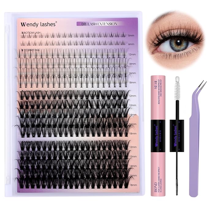 DIY Lash Extension Kit Lash Clusters With Bottom Lashes 20/30/40/50D 12-18mm Multi-types Individual Lashes Bond and Seal, Spike, Nature Volume Lashes Kit Lash Applicator(40/50 Kit)