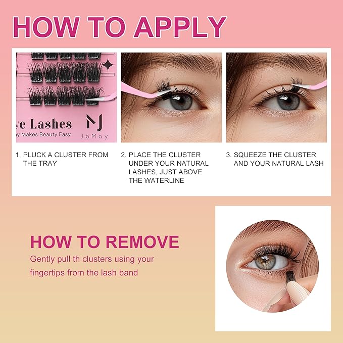 JoMay Self Adhesive Eyelashes, Press On No Glue Needed, Pre-Glued Clusters with Thin Band, Reusable D Curl Bold Lashes for Beginners, Pre-Separated L/R 10 Pairs - Glam Volume Lash Clusters