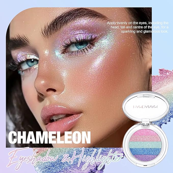 Multi-Use Chameleon Eyeshadow & Highlighter Palette – Iridescent Multichrome Shimmer with Color-Shifting Glow, Long-Lasting Waterproof Glitter Makeup for Eyes, Face & Festival (Ice Prism Glow)
