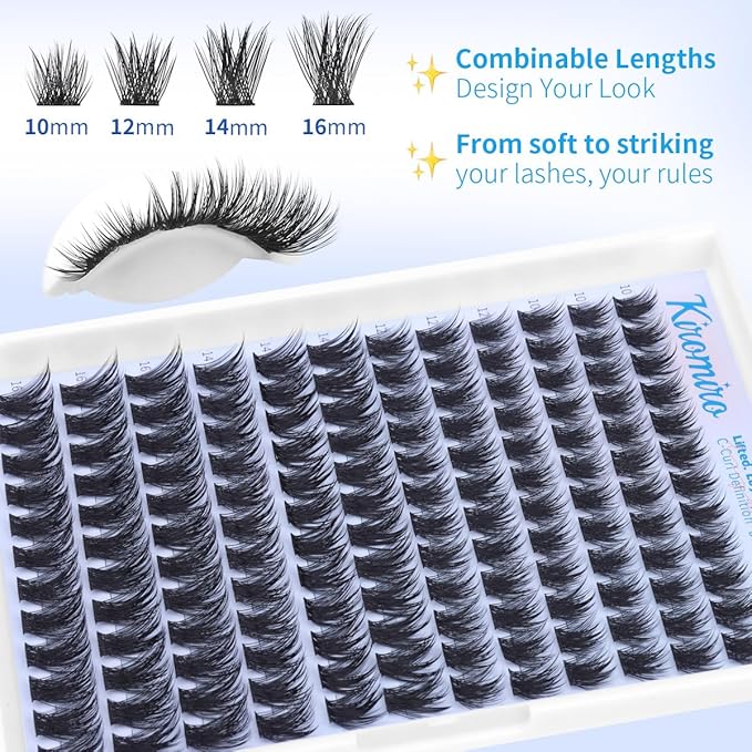 Kiromiro Lash Clusters 10-16mm Cluster Eyelash Extensions Wispy DIY Cluster Lashes Extension 144pcs Individual Lashes Nautral Eyelash Clusters C Curly Lashes Clusters