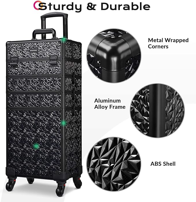 BYOOTIQUE 4in1 Rolling Makeup Train Case on Wheels Large Cosmetic Travel Organizer Eyelash Storage Box for Nail Tech Beauty Salon Manicurist Barbershop,Mermaid Black