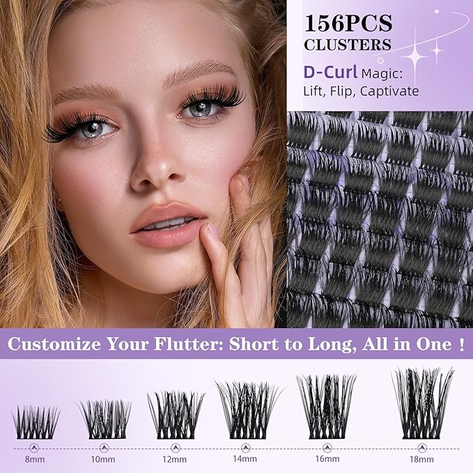 B&Q Wispy Lash Clusters Full B42,Eyelash Clusters 156PCS Comfortable band Cluster Eyelash Extensions,8-18mm Volume Individual Lashes Lightweight D Curl Lash Clusters Soft Eyelashes Natural Look(B42)