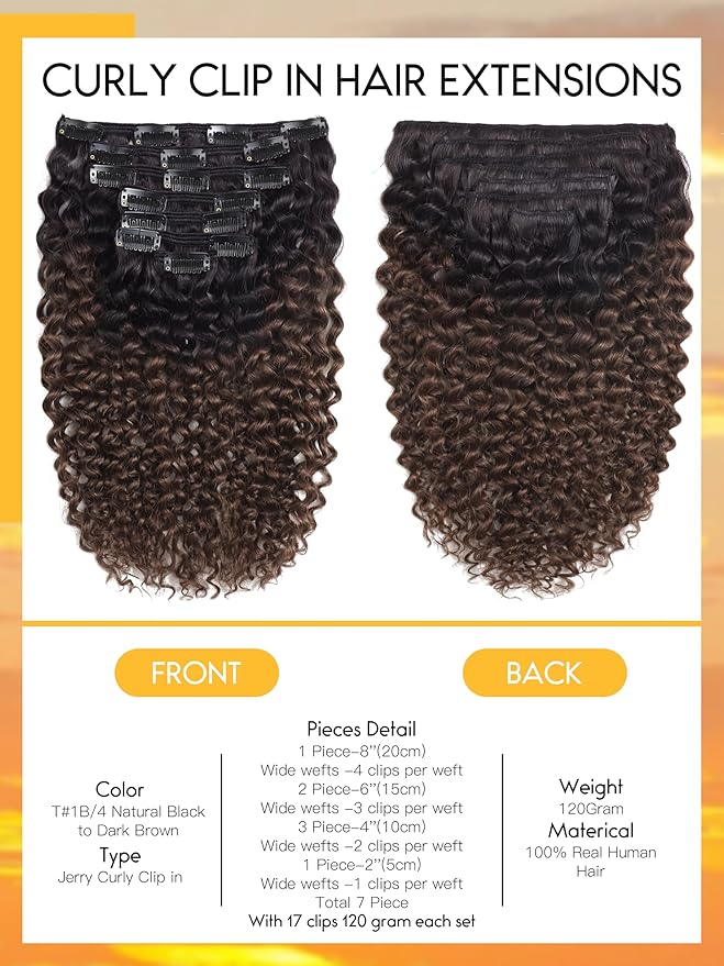Caliee Curly Clip in Human Hair Hair Extensions Jerry Curly Clip in Extensions for Black Women Ombre Natural Black Fading into Dark Brown 3B 3C Clip Ins Rea Remy Hair #1B/4 120g 7Pcs