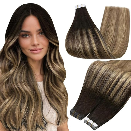 Full Shine Tape in Human Hair Extensions Color 2/8/27 Brown And Honey Blonde Tape in Hair Extensions Real Human Hair 20Inch Hair Extension 50G Seamless Human Hair 20Pcs Add Length for Wedding