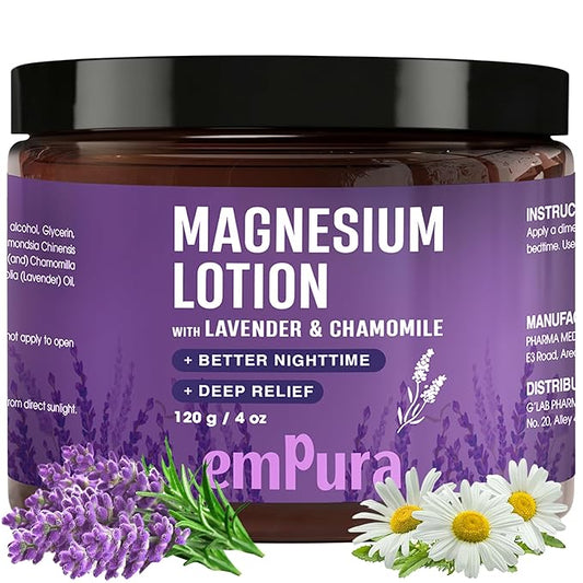 Lavender Magnesium Lotion, Nighttime Magnesium Cream with Chamomile, Shea Butter & Jojoba Oil - Muscle Relief & Relaxation for Legs, Arms, Feet - Christmas Gifts for Women (4oz)
