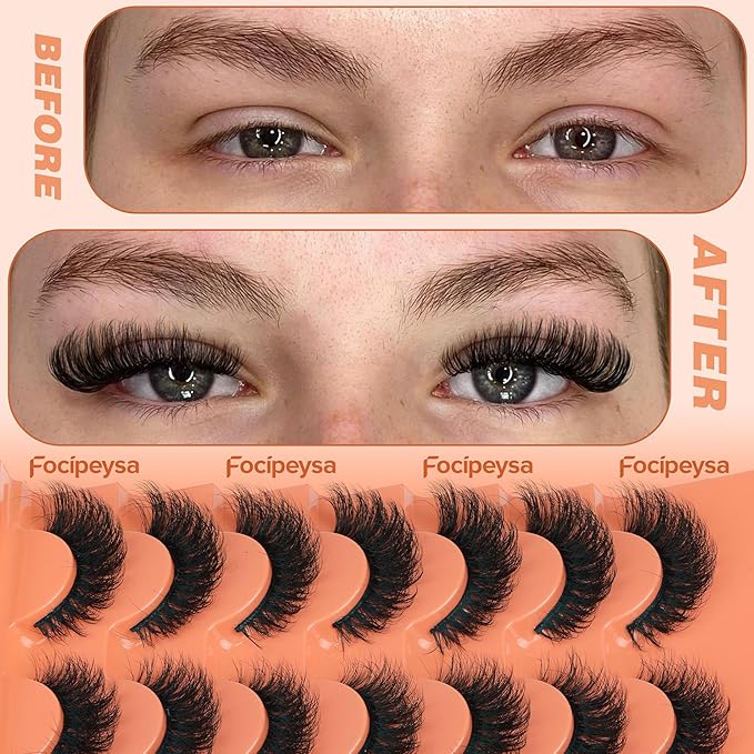 Focipeysa Fluffy Volume False Eyelashes Cat Eye Lashes Thick Fake Eyelashes Dramatic Faux Mink 9D 16mm Pack 7 Pairs