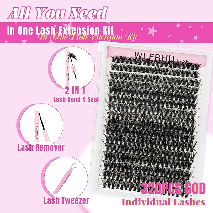 Lash Clusters Kit 320 Pcs DIY Individual Cluster Lashes D Curl Lash Extension Kit with Eyelash Bond and Seal, Remover, Tweezers Applicator Tool for False Eyelash Cluster Kit(60D, Mix9-16mm Kit)