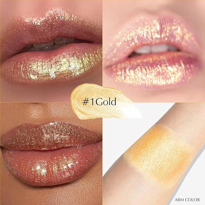 Metallic Lipstick Golden Glitter Lip Stick, Long Lasting Waterproof Shimmer Lipstick for Women Makeup Tinted Lip Balm Creamy Diamond Smooth Full Coverage Lip Color Lightweight Non Stick Cup