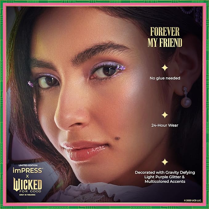 imPRESS X WICKED: FOR GOOD Press On Self Adhesive Eyelashes, ‘Forever My Friend’, 8mm-10mm Natural Volume Press On Lashes, Purple Glitter, 12 Lash Clusters & Non-Stick Mini Applicator