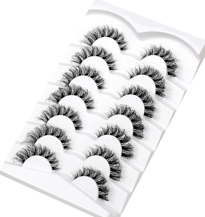 Pooplunch False Eyelash Cat Eye Wispy Lashes D-Curl Extension Volume Natural Wispies Short Clear-Band Fake Eyelashes Faux Mink Lashes Strips 7 Pairs Pack