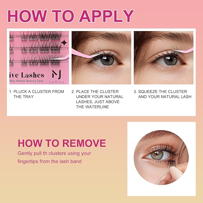 JoMay Self Adhesive Press On Lashes No Glue Needed, Pre-Glued Clusters with Thin Band, Natural Wispy D Curl, Reusable Soft Lashes for Beginners, Pre-Separated L/R 10 Pairs - Wispy Charm Lash Clusters