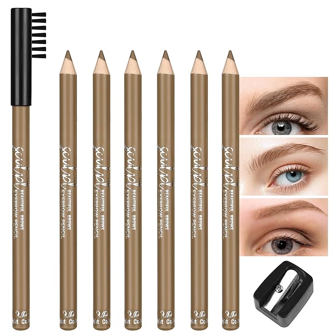 6Pcs Eyebrow pencil wooden，Brow Kit with Brush and Sharpener，Eyebrow Pencils for Women，Fine Tip Eye Brow Eye Liner for Eye Makeup,Shapes, Defines, Fills Brows (Light Brown-02)