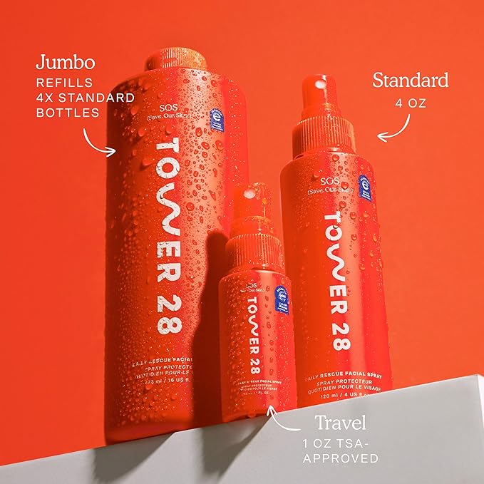 Tower 28 SOS Daily Rescue Facial Spray for Sensitive Skin, Hypochlorous Acid Spray Helps Visibly Reduce the Appearance of Redness and Breakouts, Travel Size Toner for Face, 1 FL Oz