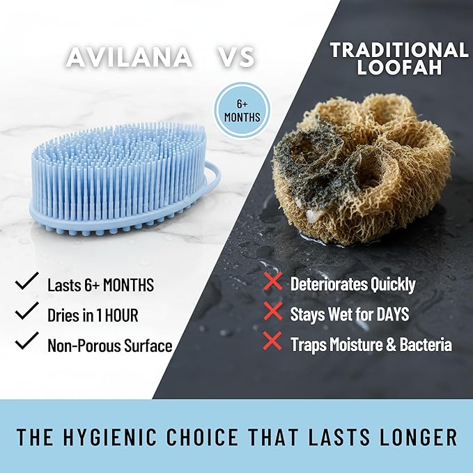 Silicone Body Scrubber for Shower - Gentle Exfoliating Back Scrubber with Soft Bristles - Avilana Premium Dual Sided Bath Brush Massage - Loofah Alternative for Sensitive Skin - Gift Women Men