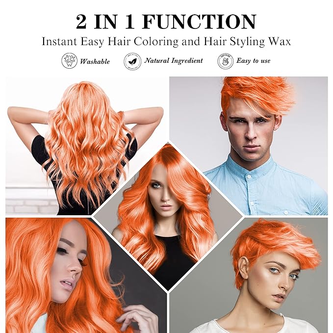 2 Pack Temporary Orange Hair Spray Color Wax with 1 Dye Brush, Instant Natural Hairstyle Cream 4.23 oz, Disposable Coloring Mud for Men Women, Washable Styling Pomades, Party Cosplay DIY Halloween