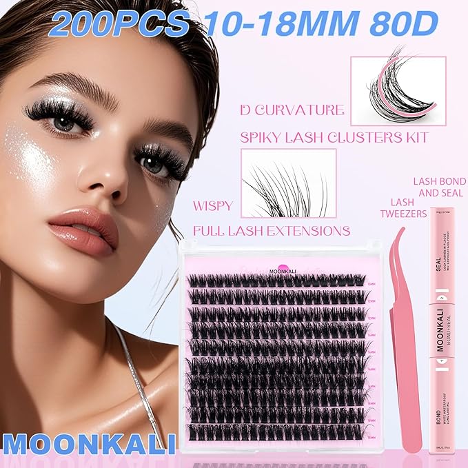 Lash Clusters Kit Faux Mink Eyelash Clusters D Curly Wispy Waterproof Cluster Eyelash Extensions With Lash Glue Bond and Seal and Eyelash Tweezers Luxury 80D Individual Cluster Lashes Kit