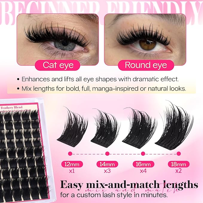 Lashes Clusters 3D Volume Manga Lash Clusters with Spiky Long Lash Extension 12-18mm Wispy Think Eyelash Clusters Eyelash Extensions for Dramatic Anime Individual Lashes DIY at Home by FANXITON