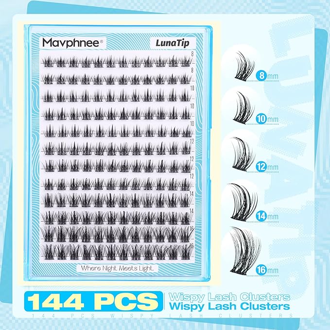 Mavphnee Wispy Lash Clusters Natural Eyelash Clusters Spiky Individual Lashes Manga Lash Extensions Anime Cluster Lashes Fairy Cluster Eyelash Extensions 8-16MM 144 Pcs DIY Lash Pack for Clean Makeup
