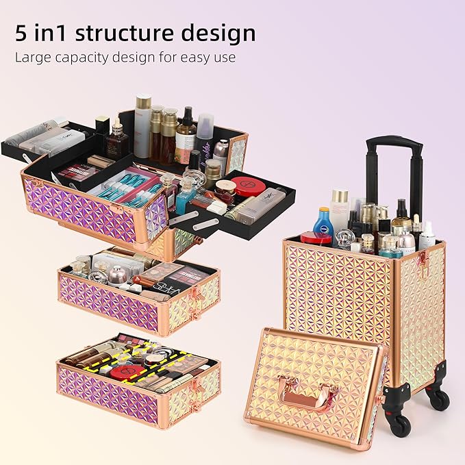 Rolling Makeup Case, Makeup Train Case with Lid, 5 in 1 Cosmetology Case on Wheels, Christmas Gift, Large Makeup Organizers, Profesional Cosmetic Case for Salon Barber, Bright Pink