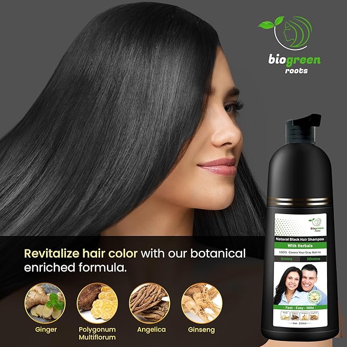Ammonia-Free & Paraben Free Herbal Hair Shampoo - Hair Dye Shampoo for Women & Men - Natural Color & Herbal Nourishment - No Stain on Skin - Natural Black (200 ml)