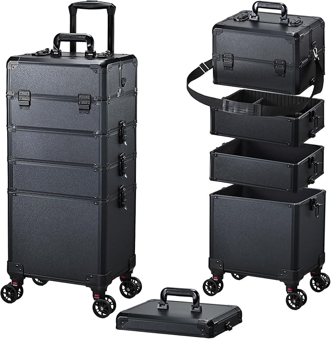 FRENESSA Rolling Makeup Case Makeup Train Case with Lid 5 in 1 Cosmetology Case on Wheels Large Makeup Organizers Salon Cart Barber Trolley Nail Teach Makeup Artist Trunk Cart Black