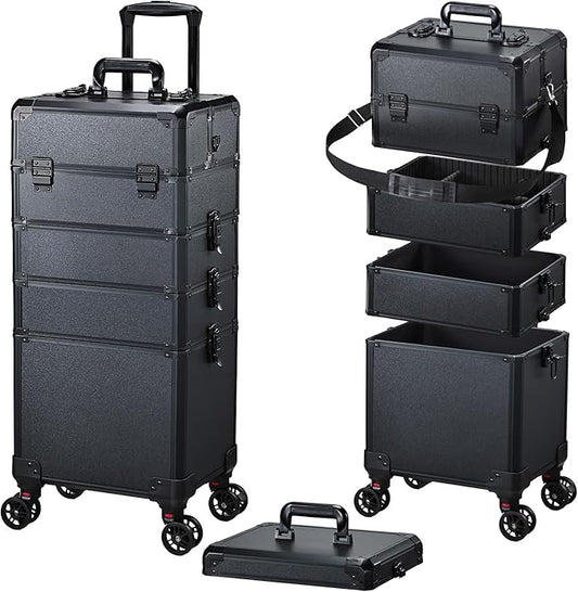 FRENESSA Rolling Makeup Case Makeup Train Case with Lid 5 in 1 Cosmetology Case on Wheels Large Makeup Organizers Salon Cart Barber Trolley Nail Teach Makeup Artist Trunk Cart Black