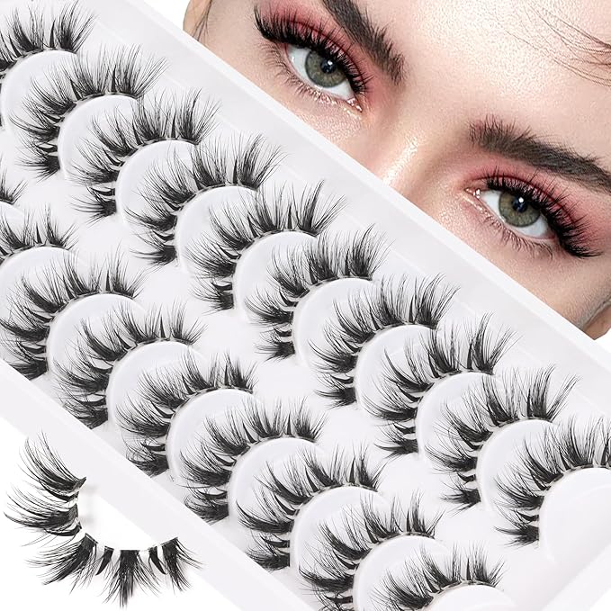 Veleasha Manga Lashes Cat Eye Lashes with Clear Band 7-16MM C Curl Spiky Anime False Eyelashes 6D Effect 10 Pairs Doll Eye Wispy Eyelashes (Spiky02)