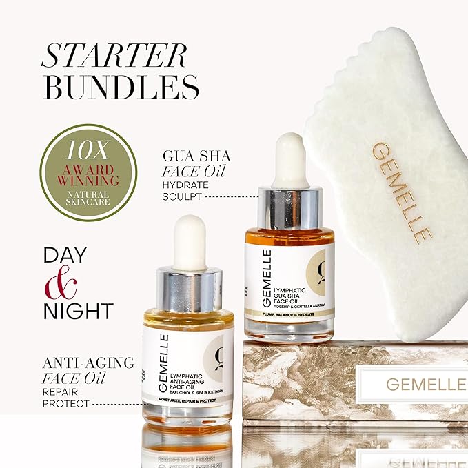 GEMELLE Lymphatic Anti-Aging Face Oil | 10x Award winner | Vitamin C,E & A | Moisturize, Repair & Protect | Bakuchiol, Sea Buckthorn & More! | Organic, Natural, Clean Beauty | Starter, Travel 15ml