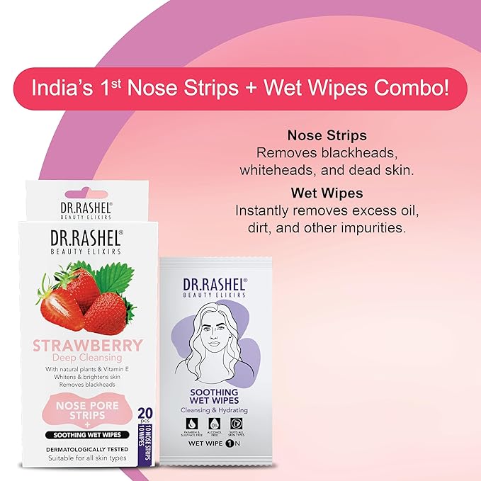 DR.RASHEL Strawberry Nose Pore Strips For Pore Cleansing, Instant And Painless Blackheads Removal | Deep Purifying Blackhead Remover Strips for Nose | 20 PCS (10 Strips & 10 Wipes)