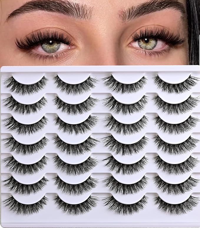 Wispy Lashes Natural False Eyelashes 14 Pairs Cat Eye Lashes Strips 9-14mm Fake Mink Lash Pack Wispies Strip Eyelash Short Small Fluffy Pestañas Postizas for Everyday Wear