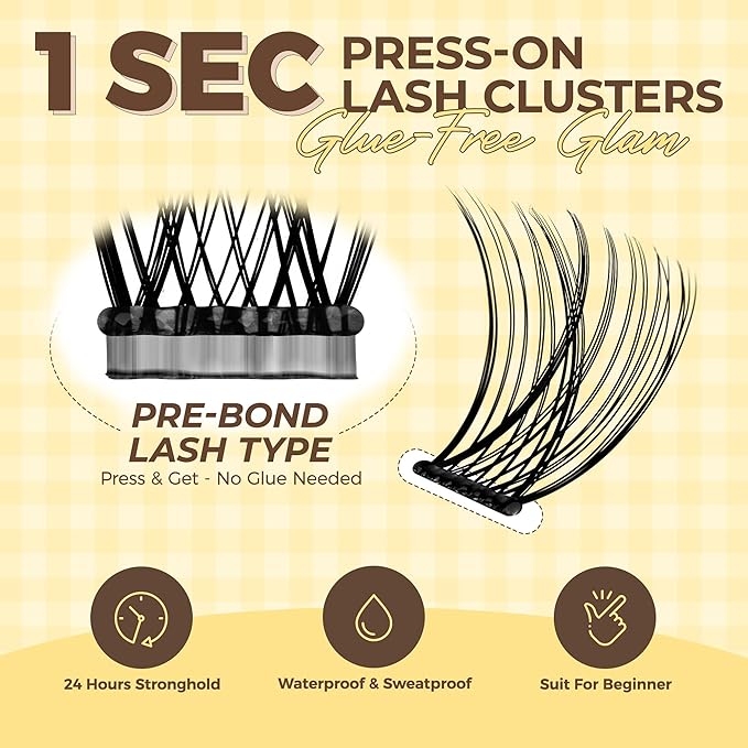 PopUp Self Adhesive Eyelashes Clusters, Press On Lashes Pre Glued Eyelash Extension Kit with Lash Tweezer,10-16mm No Glue No Remover Needed Self Adhesive Lashes Clusters AC58
