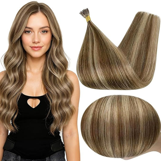 Full Shine I Tip Hair Extensions Real Human Hair Brown Highlighted Honey Blonde Itip Human Hair Extensions Keratin Itip Extensions 16 Inch 40 Grams Cold Fusion Remy Hair