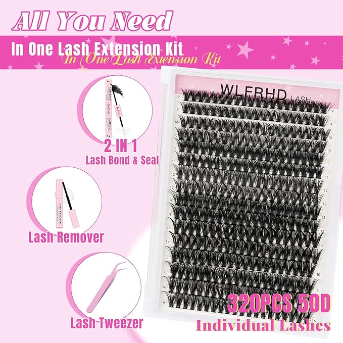 Lash Clusters Kit 320 Pcs DIY Individual Cluster Lashes D Curl Lash Extension Kit with Eyelash Bond and Seal, Remover, Tweezers Applicator Tool for False Eyelash Cluster Kit(50D, Mix9-16mm Kit)