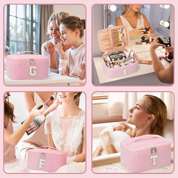 OCHEAL Makeup Bag for Women, Monogram Cosmetic Bag with Brush Holder, Pink Travel Makeup Case Beauty Toiletry Bag Organizer Personalized Gifts for Girls Bridesmaid, Sister, Wife, Friends Initial U