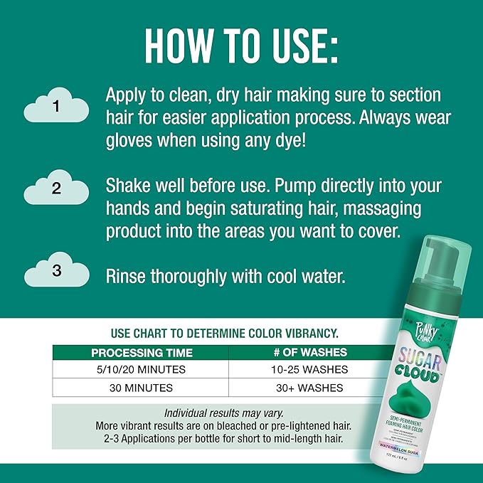 Punky Sugar Cloud Semi-Permanent Foam Hair Color, Watermelon Suga - Vibrant Hair Dye for Long-Lasting Color, Easy Application Foam Hair Dye, 6 fl oz.