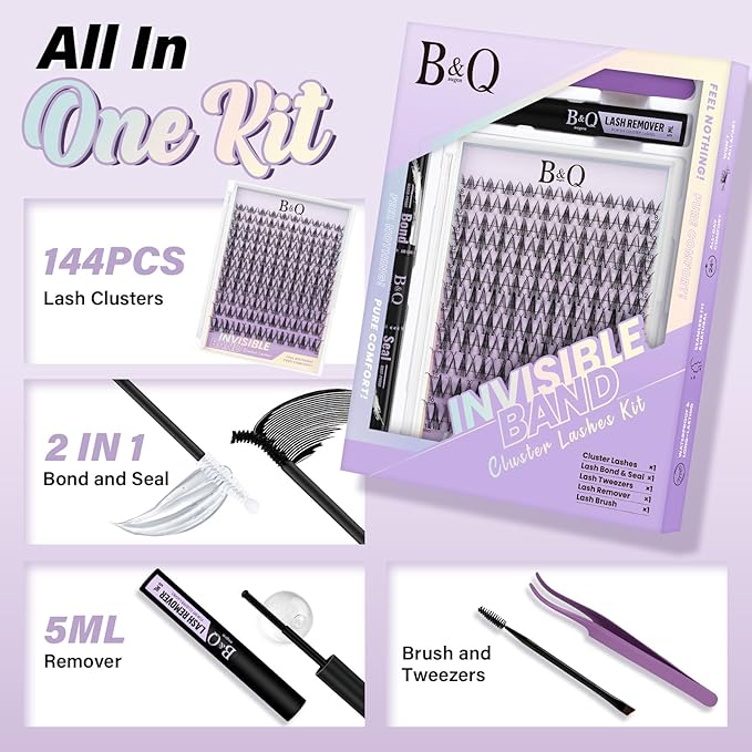 B&Q Snow Lotus Lash Clusters Kit Natural Lashes Clusters Wispy Invisible Band Manga Lashes Individual Lashes Bond and Seal Eyelash Extension Kit Easy Removal (Snow Lotus KIT-8-18MIX)