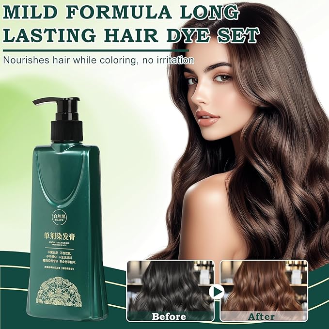 Mild Formula Long Lasting Hair Dye Set, Nourishing Plant-Based Hair Color, New Natural Hair Color Shampoo for Gray Hair Cover up, Single Step Herbal Single Agent Floral Dye (210ML, Chestnut Brown)