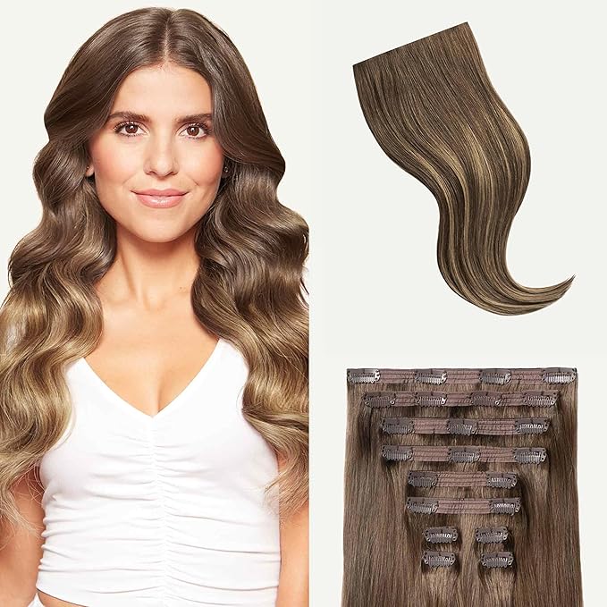 Luxy Hair 24" Ash Brown Balayage Classic Clip-In Hair Extensions (240 grams) 100% Remy Human Hair, Natural,Volume, 10-Piece Set, Blends Easily