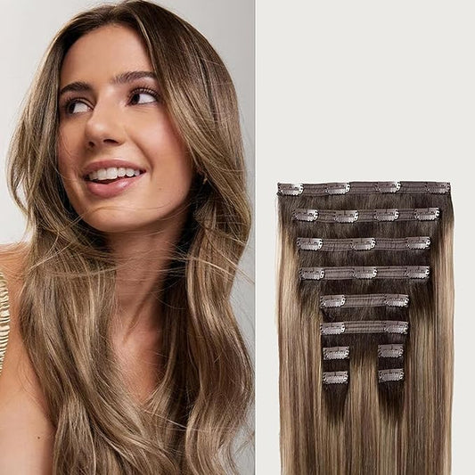 Luxy 100% Remy Human Hair, Classic 160g Clip-In Hair Extensions - 10 Wefts Multi-Dimensional Color for Natural Blending, Adds Volume & Length, Easy Apply & Remove 20" Dimensional Rooted Light Bronde