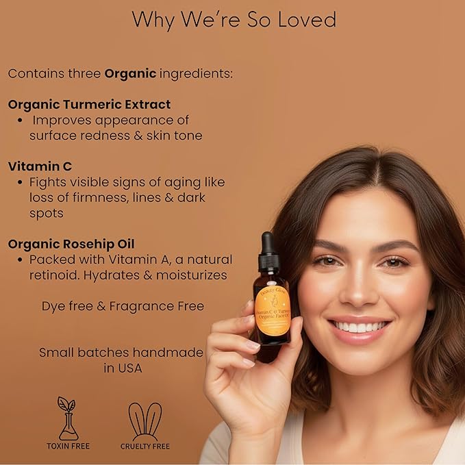 Organic Turmeric & Vitamin C Face Oil for Dark Spots Brightening Age Defying for Fine Lines & Wrinkles Moisturizing Hydrating Serum Natural Anti Aging 1 Oz Beauty Glow