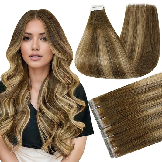 Full Shine Balayage Tape in Hair Extensions Color 4 Medium Brown Ombre 24 Blonde And 4 Injection Tape in Extensions Seamless Skin Weft Travel Friendly Styling for Hair loss Coverage 16Inch 40G 20Pcs
