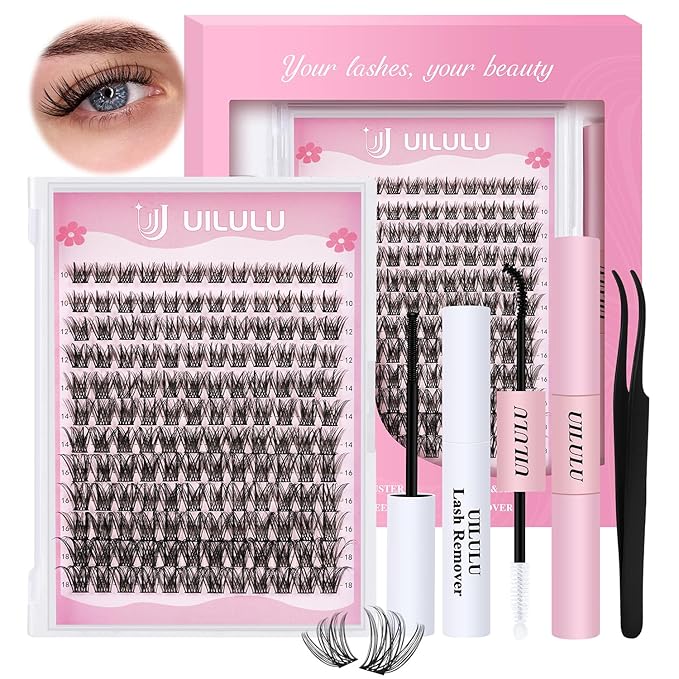 Lash Clusters Kit for DIY Lash Extension at Home, False Eyelashes Set with Bond and Seal, Lash Remover, Tweezers, D Curl Wispy Individual Clusters Eye Lash Extensions Kit (U22 DIY Lash Kit)