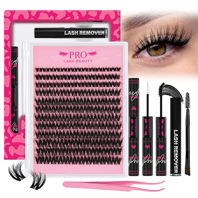 PRO LASHBEAUTY Wispy Lash Clusters Kit with Eyelash Clusters Lash Bond and Seal Eyelash Applictor Lash Remover Lash Extension Kit for Beginner Waterproof Resuable Lashes at Home (Sunrise,8-16mix)