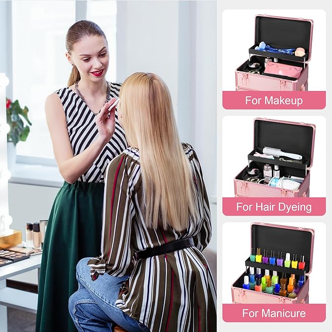 Makeup Train Case with Drawer, Rolling Makeup Case, Cosmetology Case on Wheels, Gift, Travel Makeup Organizers, Profesional Cosmetic Case for Salon Barber,Nail, Tattoo, Pink