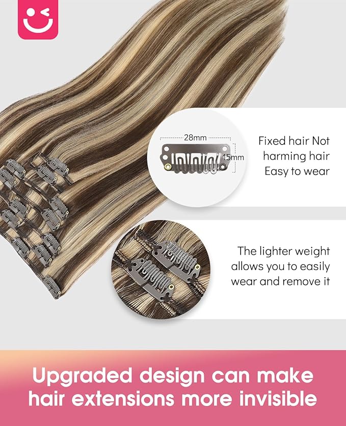 Youngsmile Clip in Hair Extensions Human Hair, Real Human Hair Clip in Extensions, Silk Soft Human Hair,7Pcs 120 Gram 14 Inch, #4P27 Chocolate Brown Highlighted with Caramel Blonde (CLIP#4P27-14Inch)