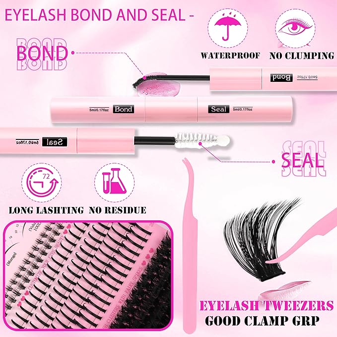 Lashes Clusters Kit with Spikes Bottom Extensions False Eyelashes 816Pcs Bulk Packs with 2X Bond&Seal Volume D Curl Wispy Individual Fake Eyelash Wholesale Large Pack for Beginners Gift Choice